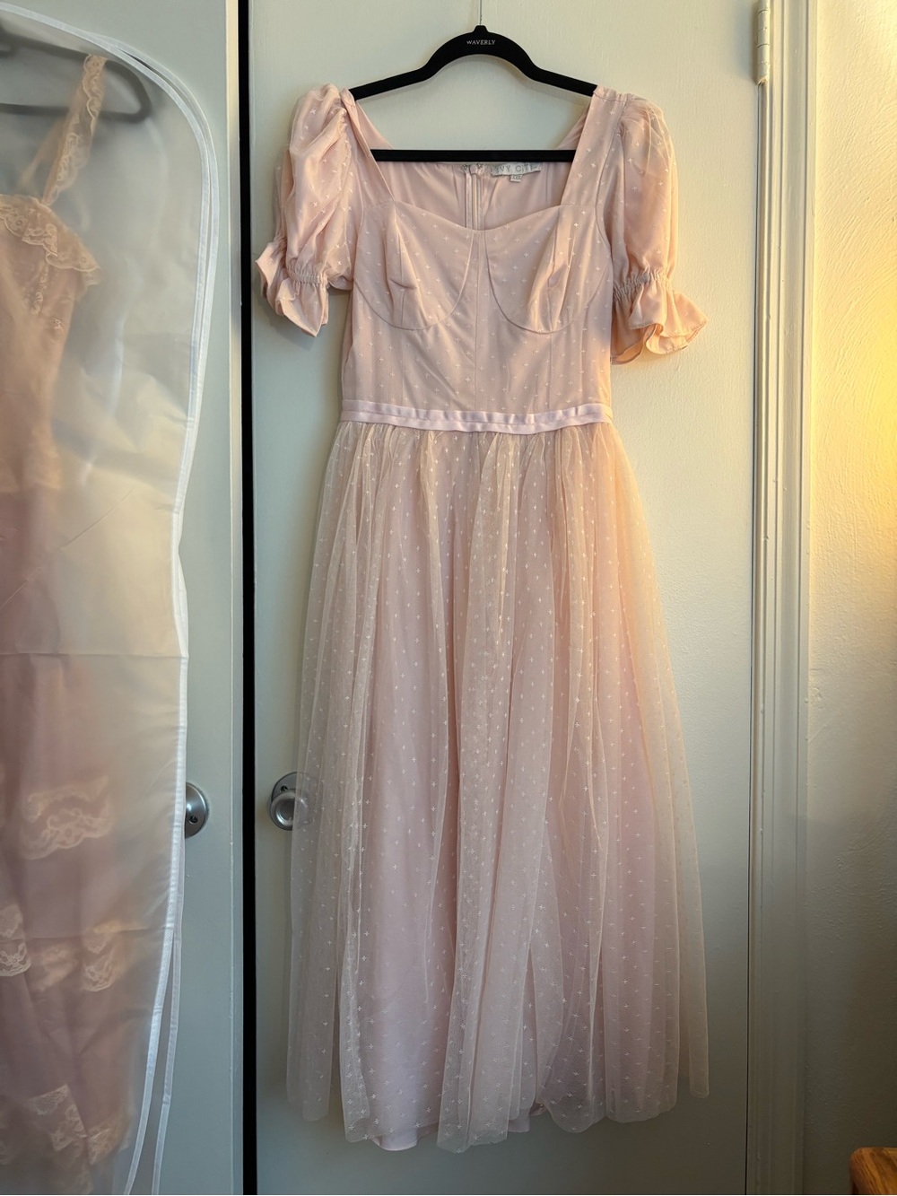 Ivy City Co Pale Pink Tulle Midi Dress with Puff Sleeves